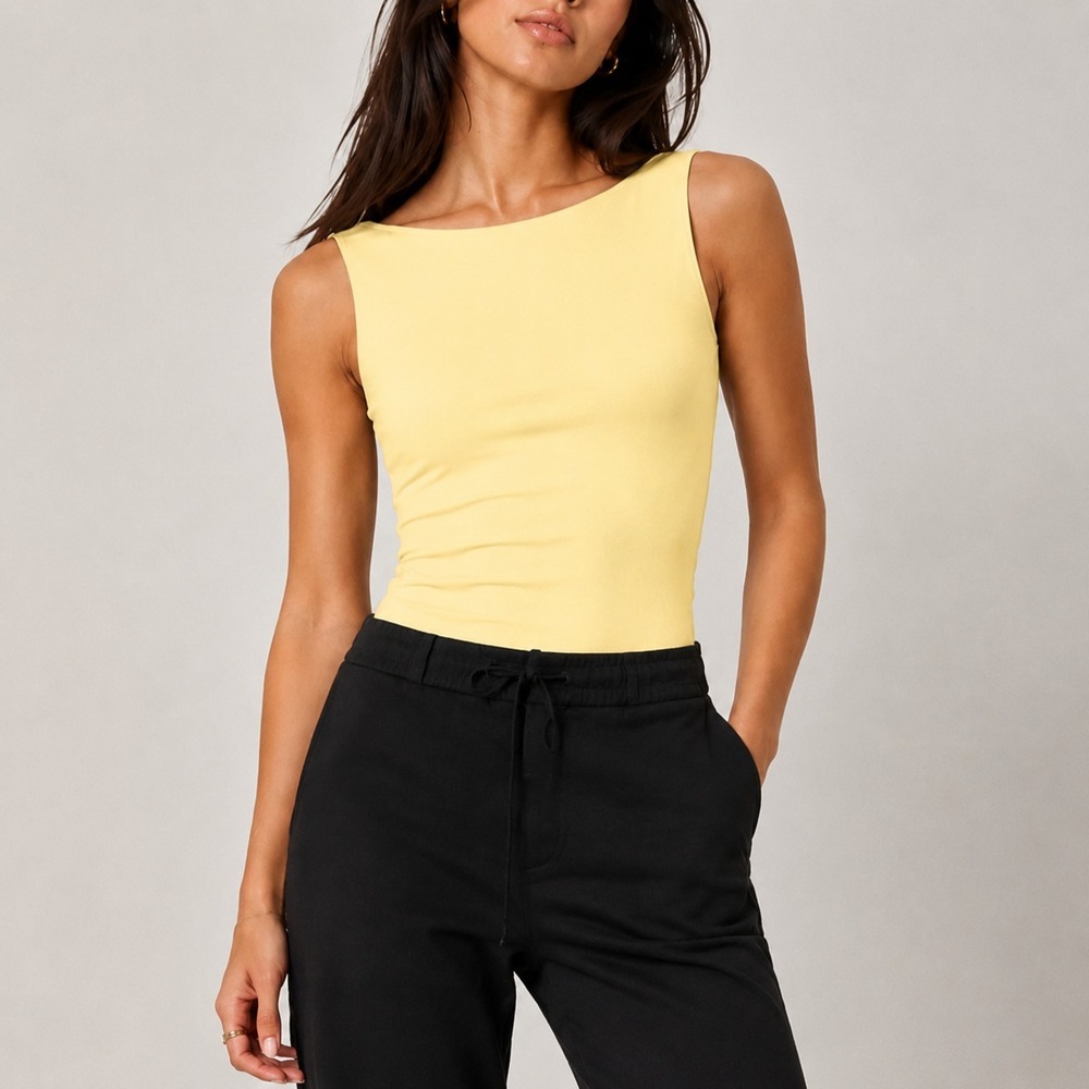 NEW OGL LiteWarm Butter Yellow Boat Neck Brami Sleeveless Bra Tank Eco-Mousse L